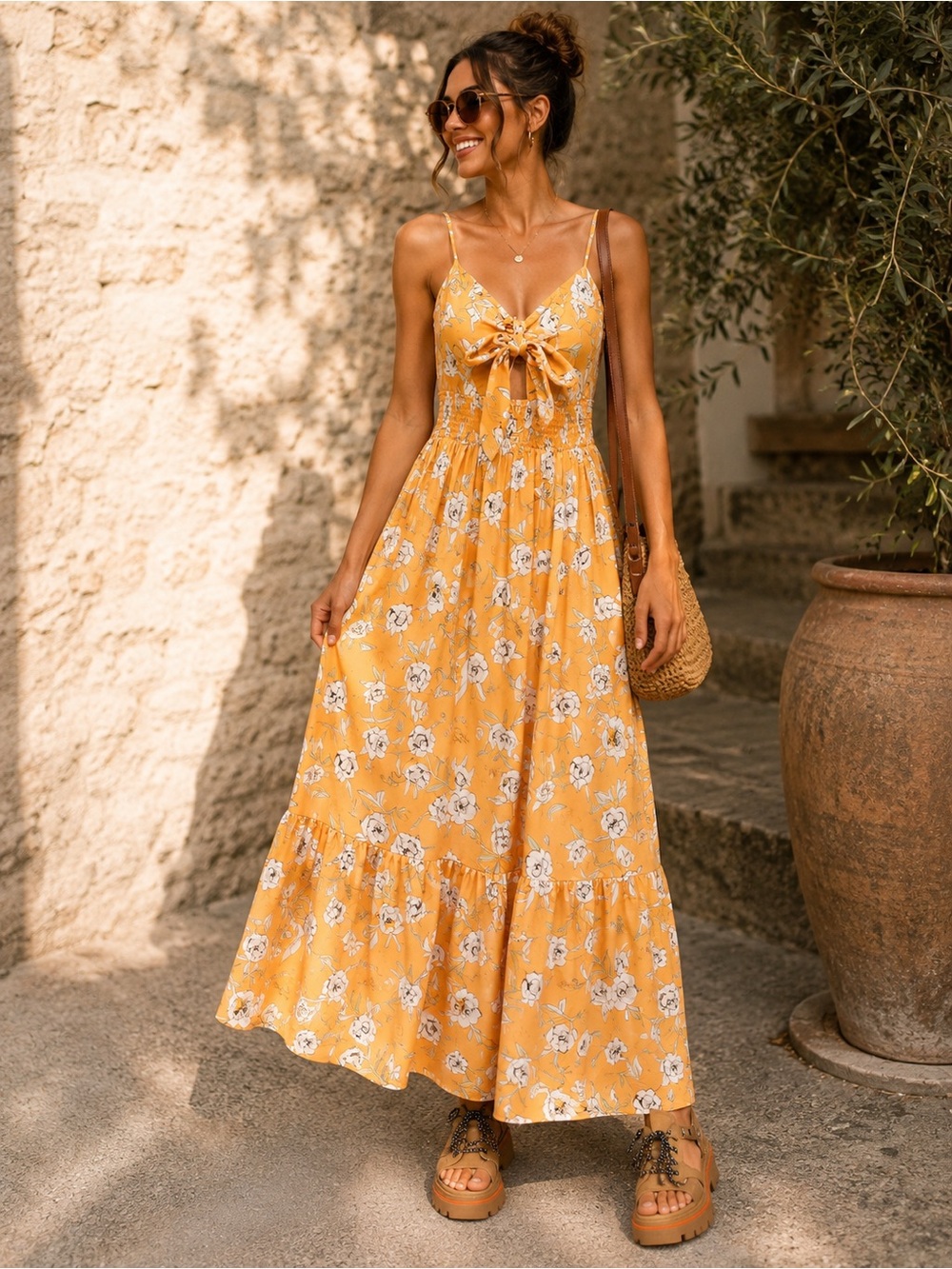 Grace Karin Yellow Floral Tie-Front Maxi Dress